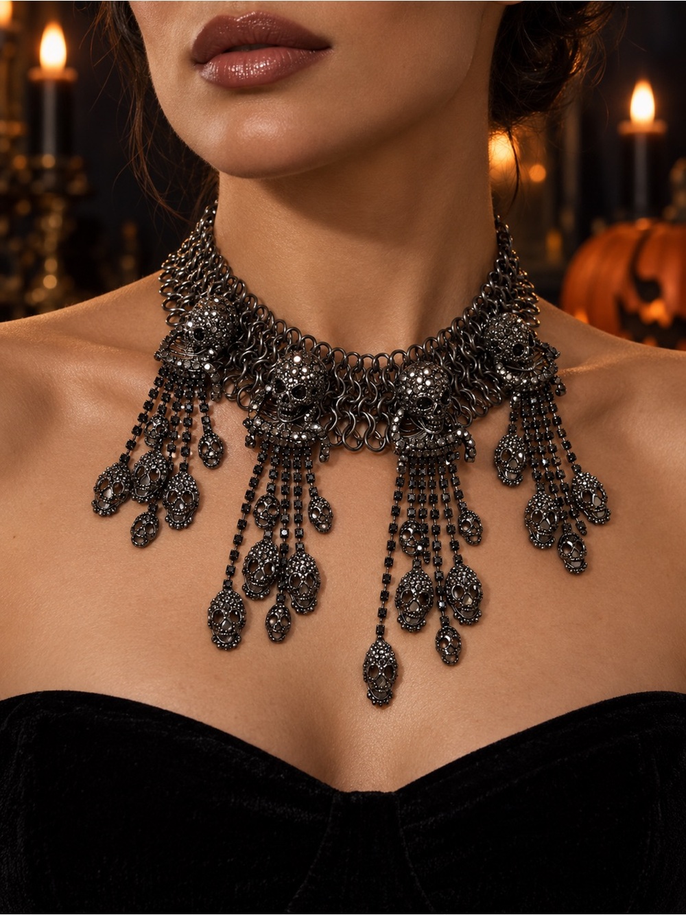 ✨ Natasha Gunmetal Crystal Skeleton Statement Necklace ✨